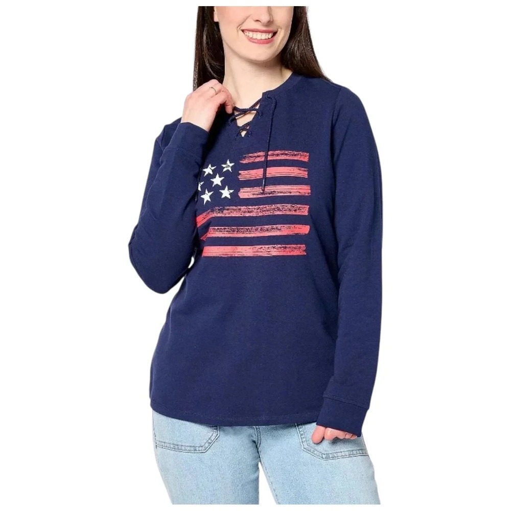 Denim & Co. Women's Active American Flag French Terry Sweatshirt Navy L #820K